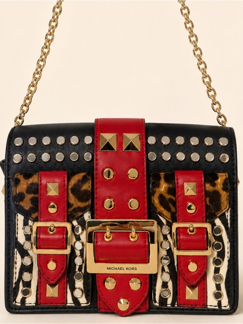 Michael Kors Hayden Medium Studded Messenger Bag Animal Print Calf Hair
